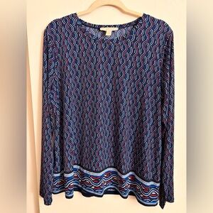 MICHAEL KORS Size XL Blue Red White Abstract Wave Pattern Long Sleeve Blouse Top